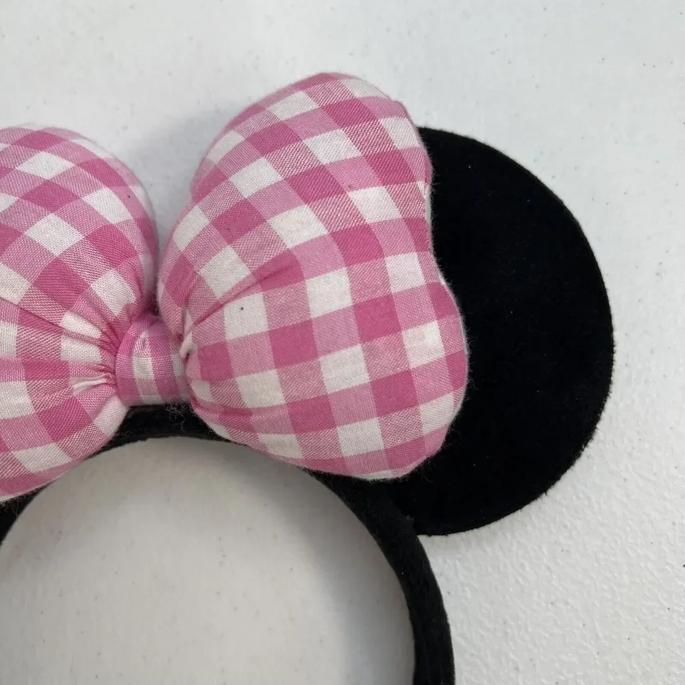 Disney Store Minnie Mickey Mouse Sequins Hearts Ears Pink Gingham Headband Black